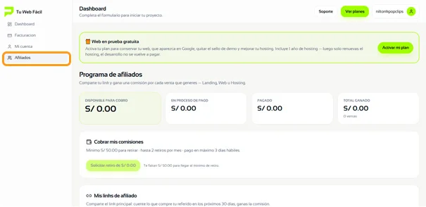Paso 2: Abre la sección "Afiliados" — cómo usar el panel de afiliados de PLIA