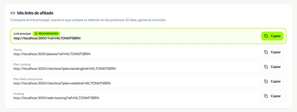 Paso 4: Copia tu link principal — cómo usar el panel de afiliados de PLIA